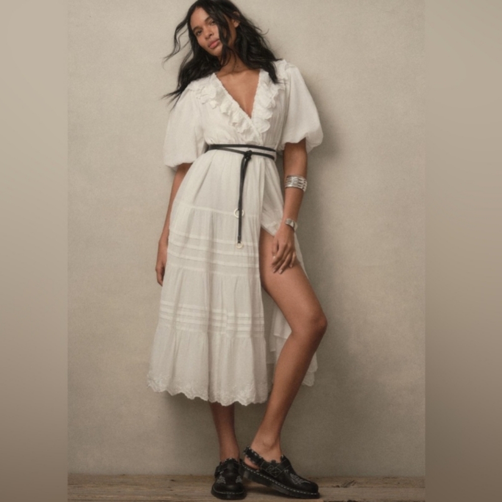 Anthropologie × Love The Label White Wrap Dress Puff Sleeve Ruffle Lace Crochet